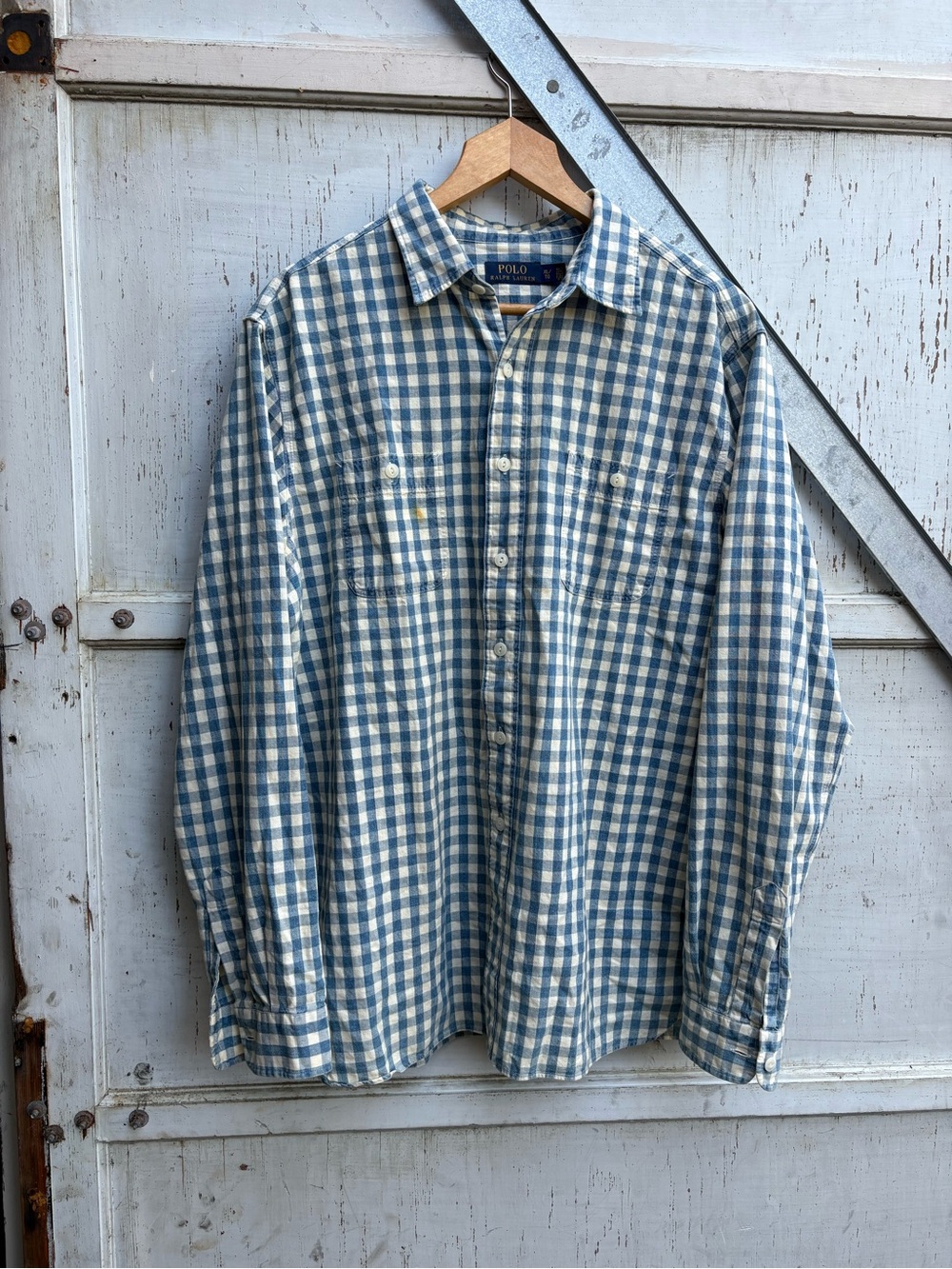 Vintage Polo Ralph Lauren Blue White Button Up Flannel Military Shirt Men’s XL